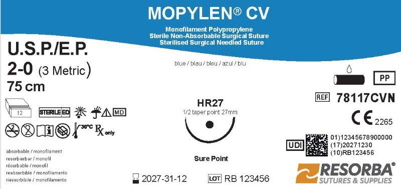 Мопілен CV USP 2-0 синій, довжина 75 см, колюча голка Sure Point 27 мм, 1/2 кола